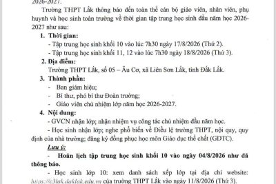 THÔNG BÁO LỊCH TẬP TRUNG HỌC SINH ĐẦU NĂM HỌC 2026–2027