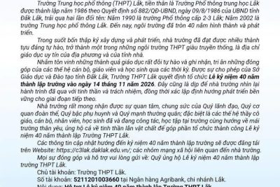 THƯ NGỎ KỶ NIỆM 40 NĂM THÀNH LẬP TRƯỜNG THPT LẮK (1986 – 2026)