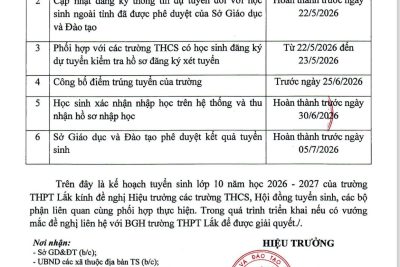 KẾ HOẠCH TUYỂN SINH LỚP 10 NĂM HỌC 2026 – 2027